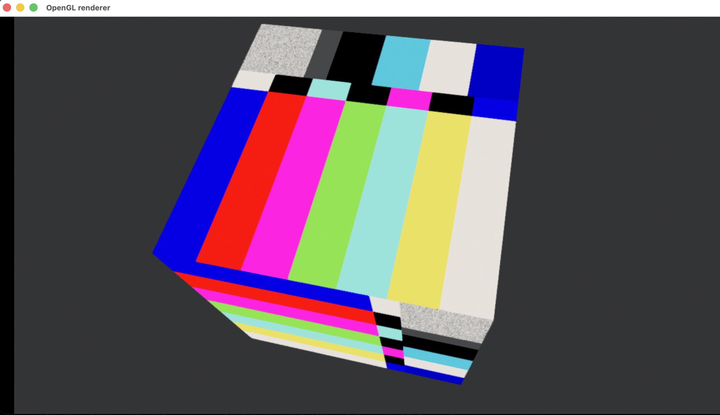 fluxvideotex — rotating cube with live SMPTE-bar video texture rendered by Filament